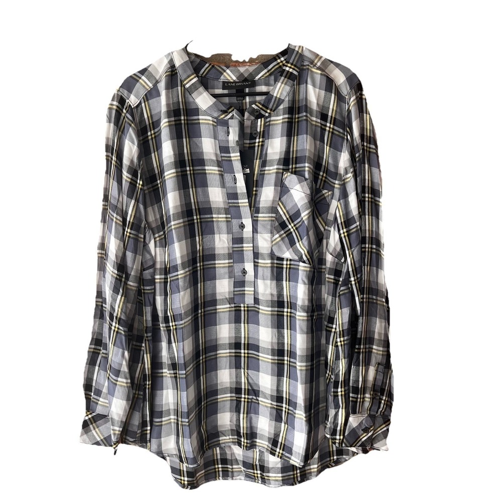 NWT Lane Bryant Plaid Tunic Shirt Women 18 Grey Yellow Hidden Button Rayon Top